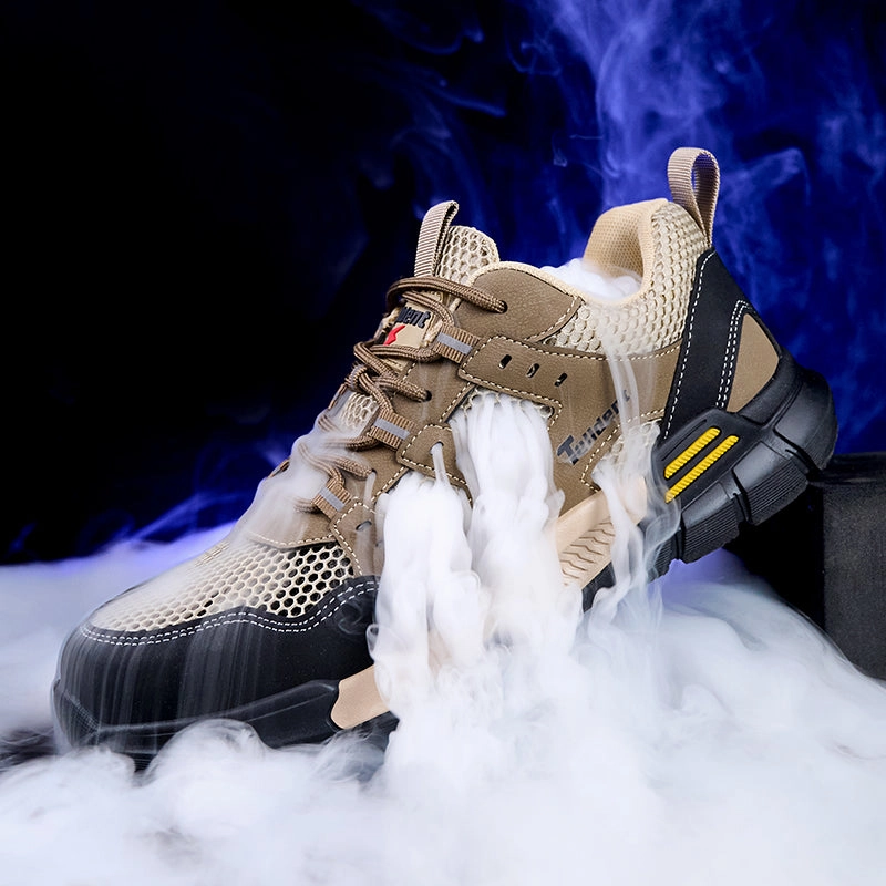 Tulldent Men Safety Shoes Plastic Toe Anti-puncture Rubber sole Breathable summer Safety Boots in brown Slip On Work Boot