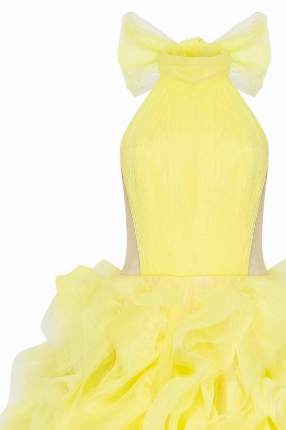 Turtleneck festive yellow evening gown Long Sleeve A Line Dress