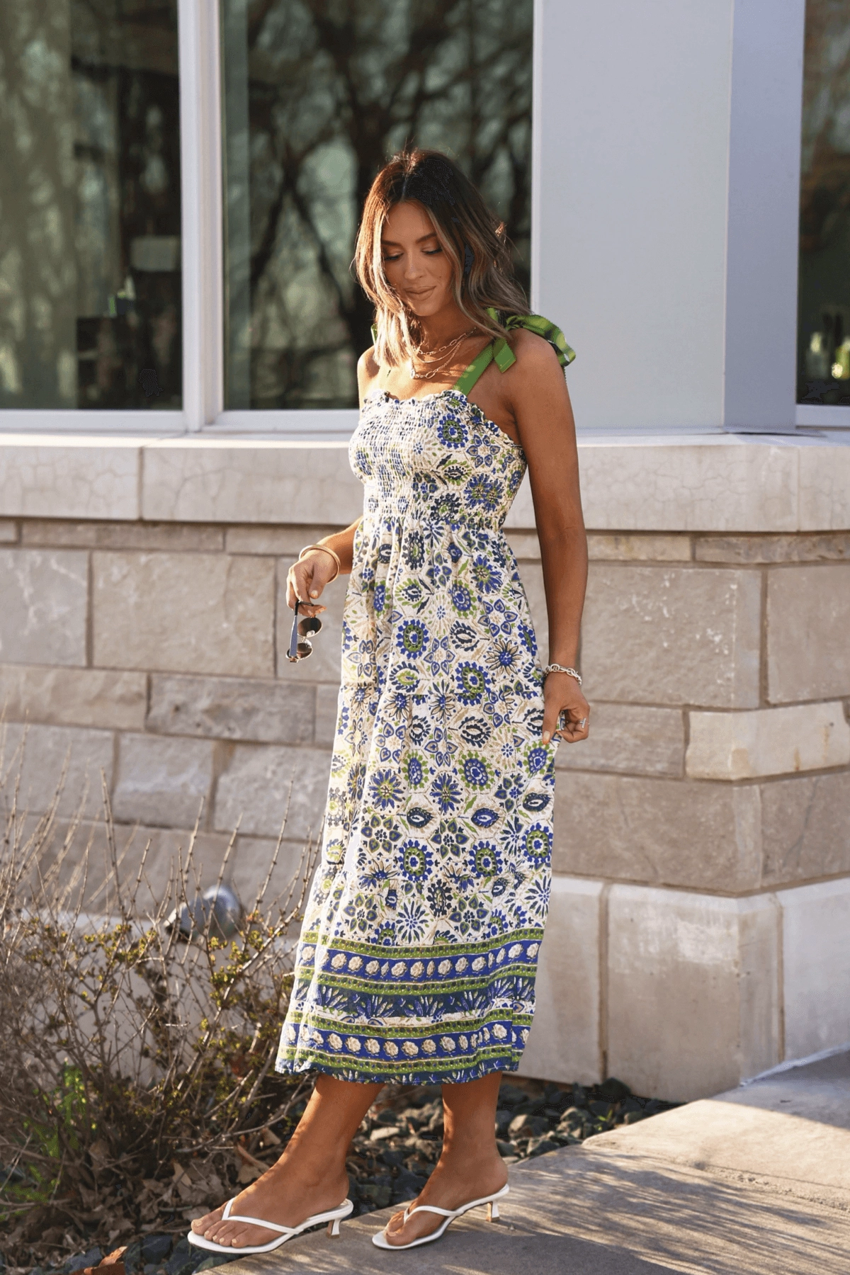 Experience Maxi Dress Green Mix Border Print Ribbon Strap Maxi Dress - FINAL SALE