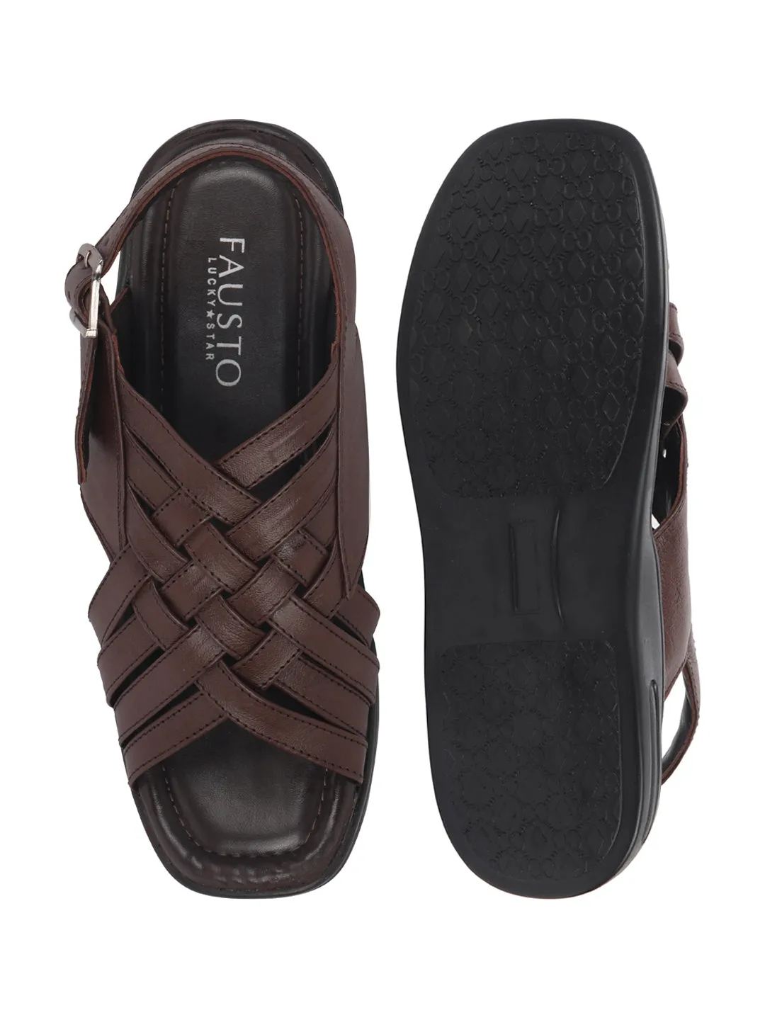 Men Brown Buckle Criss Cross Strap Leather Sandals Comfortable Leather Sandals