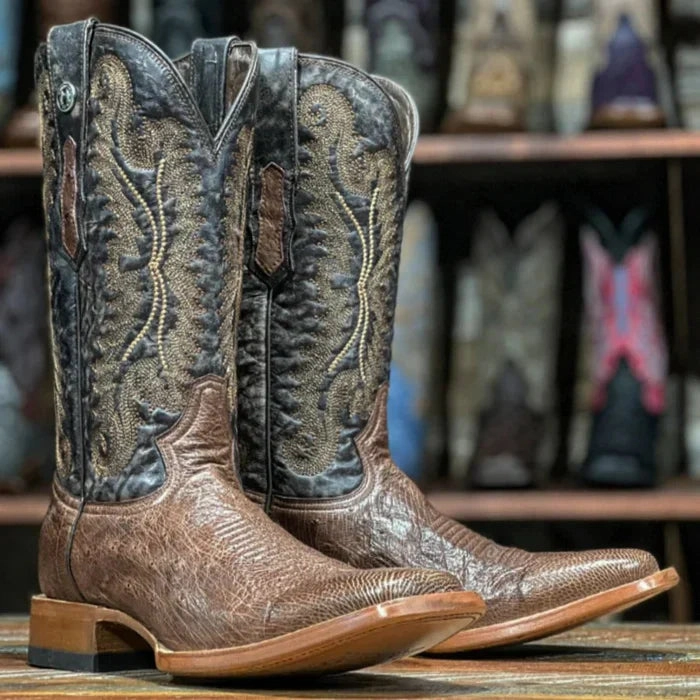 Flat Thigh High Boots Men's Poteet Genuine Smooth Ostrich Square Toe Boots Brown