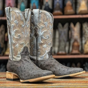 Ugg Slipper Boots Men's Genuine Full Quill Ostrich Square Toe Boots Dark Brown