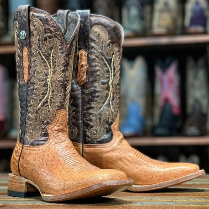 Men's Bosque Genuine Smooth Ostrich Square Toe Boots Brandy Comfortable Dress Boots