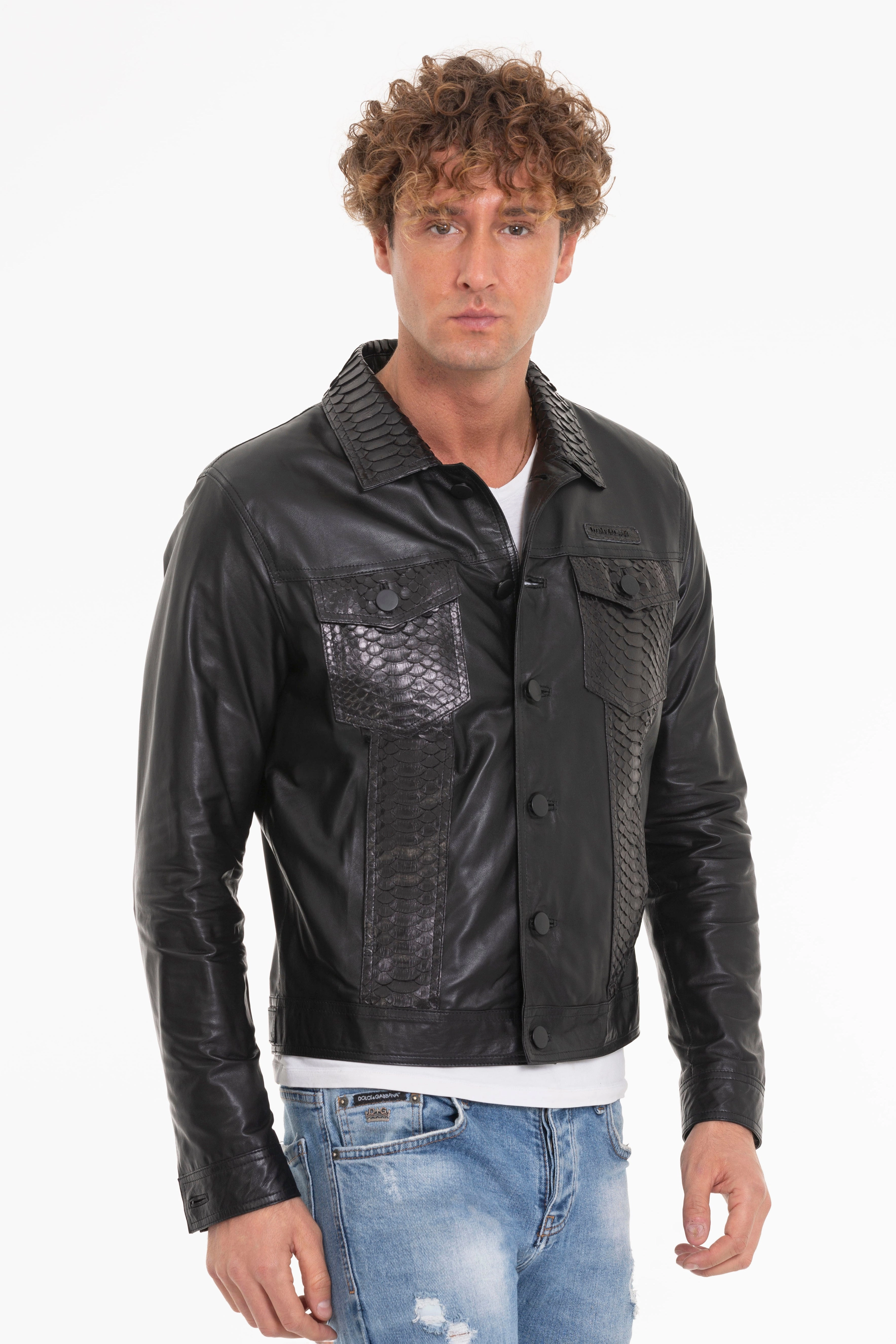 The Cacin Pythn Black Leather Men Jacket Fringed Jackets