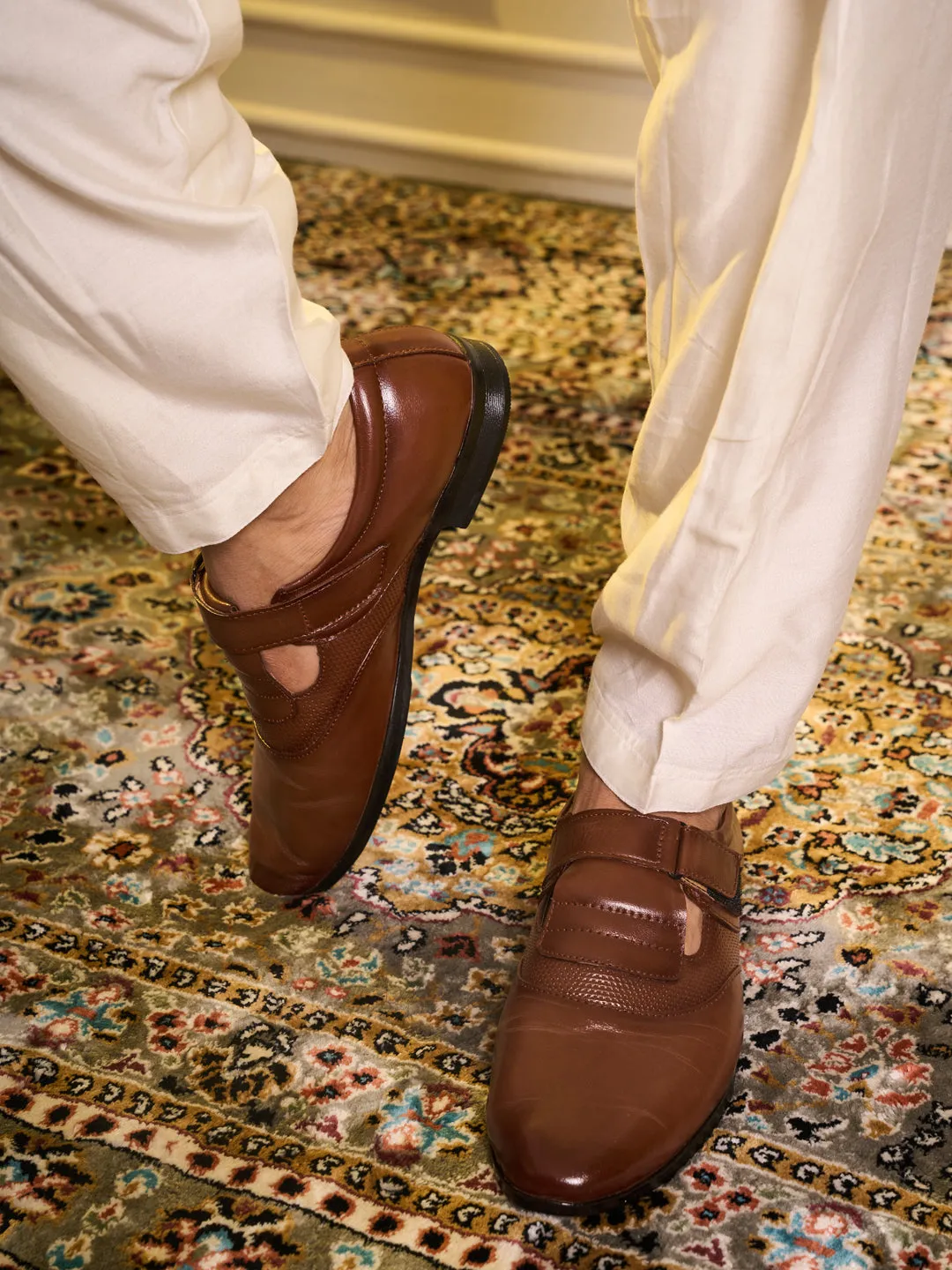 Men Brown Genuine Leather Broad Feet Breathable Slip On Pathani Shoe Style Sandals with Adjustable Strap|Memory Cushion Insole|Formal Office Wear Sandals On Heel