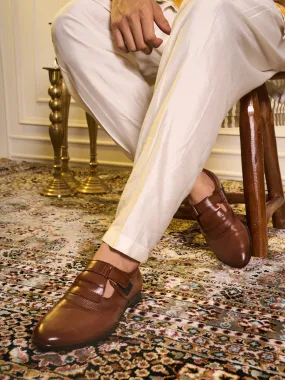 Men Brown Genuine Leather Broad Feet Breathable Slip On Pathani Shoe Style Sandals with Adjustable Strap|Memory Cushion Insole|Formal Office Wear Sandals Vow Renewal
