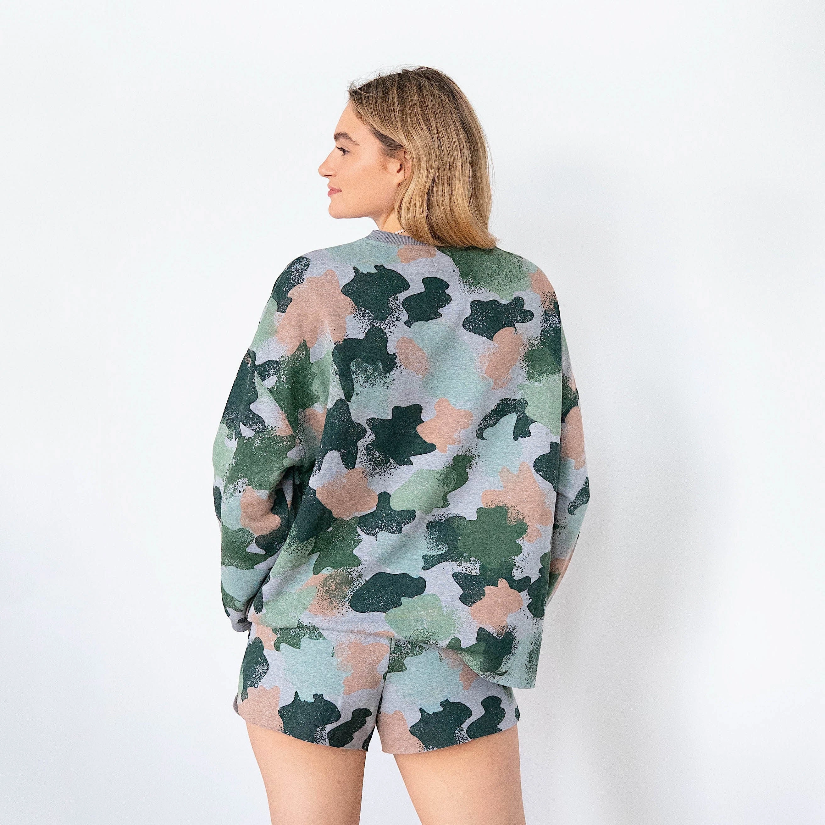 Ladies' Smoked Pearl Camo Comfortwear Collection Shorties Patch Sweatshirts