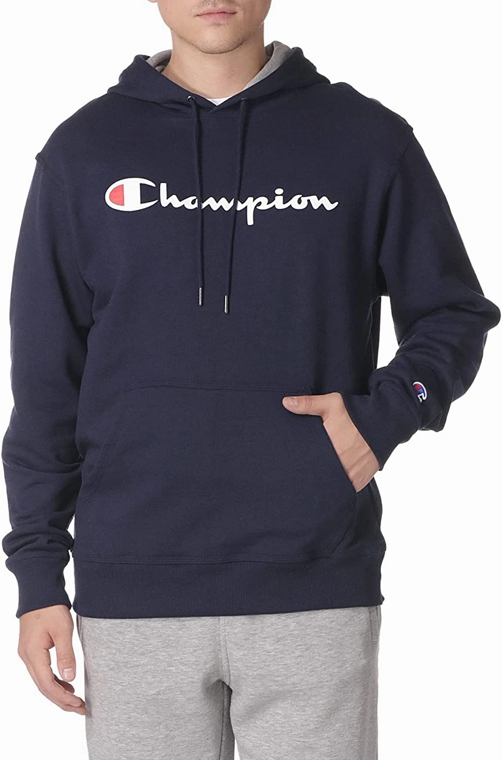 Celebs In Sweatshirts Champion Mens Script Logo Powerblend Fleece Pullover Hoodie