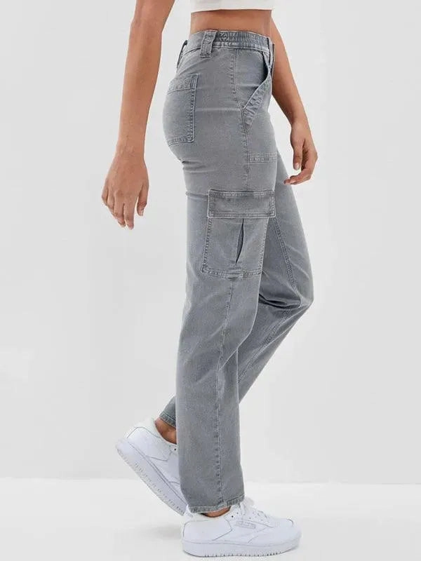 Utilitarian Women Cargo Jeans - Mid-Rise Washed Effect Hm Twill Cargo Pants