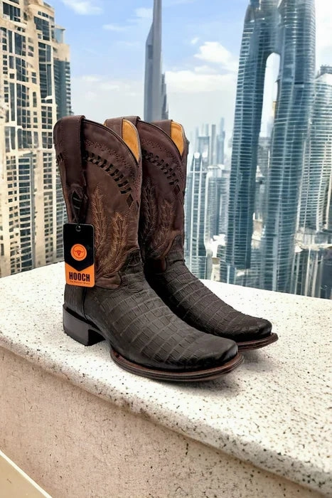 Men's Caiman Belly Print Dubai Toe Leather Boots - Chocolate Met Guard Boots