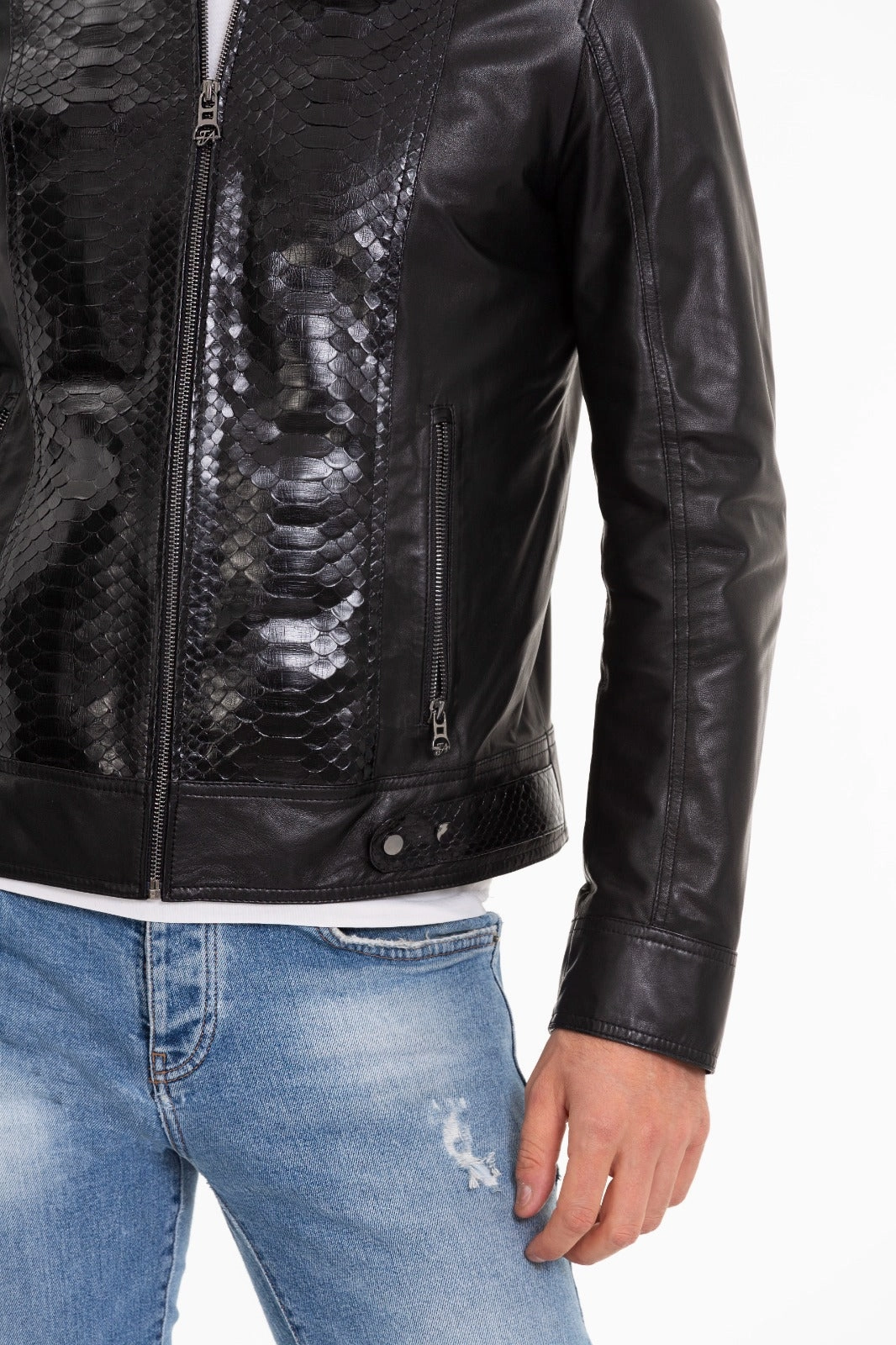 The Solvito Pythn Black Leather Men Jacket Patched Jackets