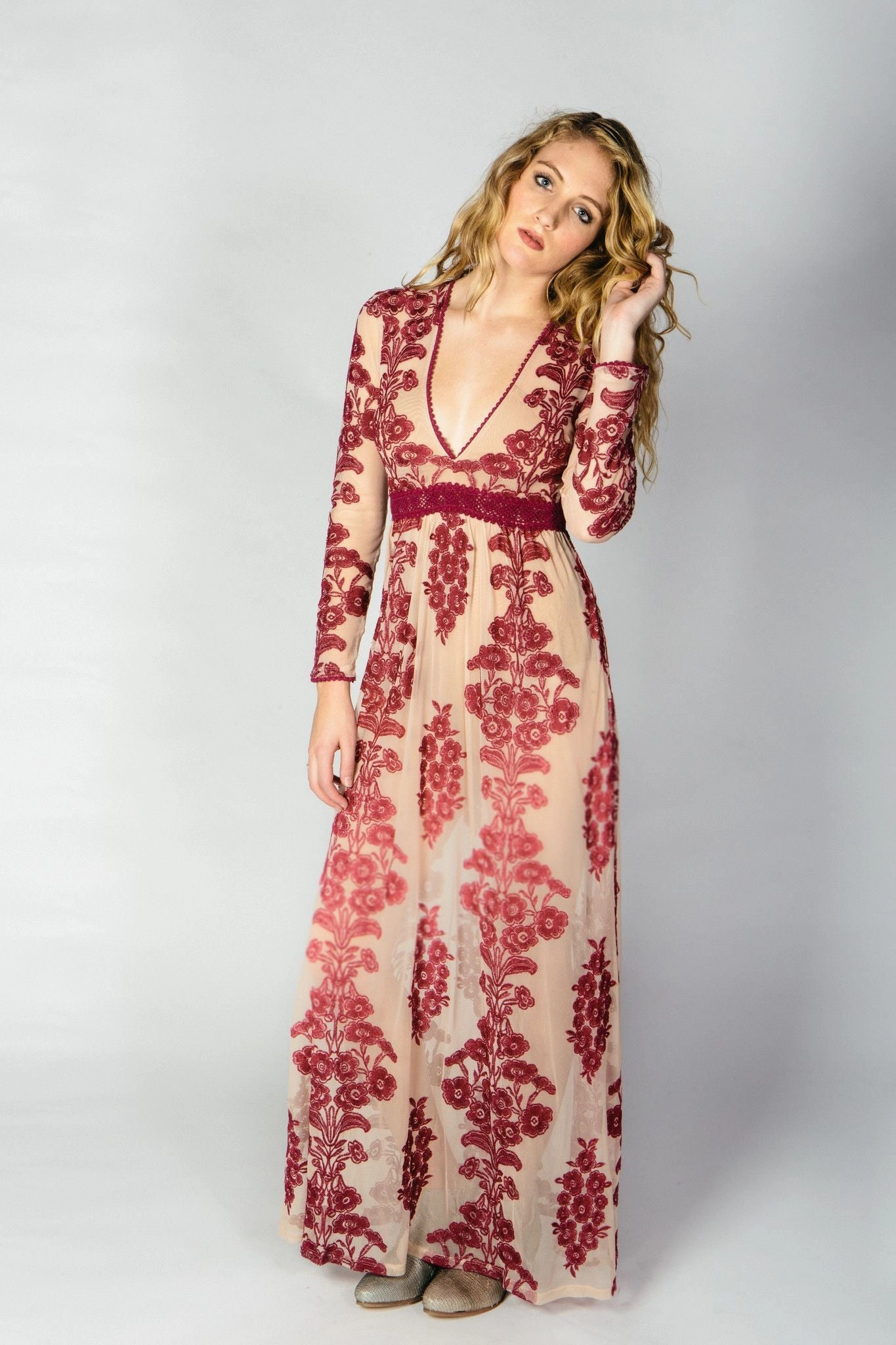 Temecula Maxi Dress Blue Or Red Embroidery Lace On Sheer Long Sleeve Deep V Neck Boho Bohemian Beach Gown Available In Sizes Small Medium Large XL And Plus Sizes XXL 2X Or XXXL 3X Bohemian Style Maxi Dress With Sleeves