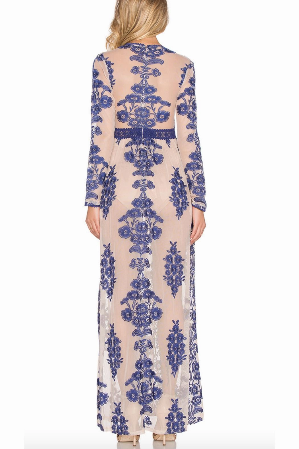 Temecula Maxi Dress Blue Or Red Embroidery Lace On Sheer Long Sleeve Deep V Neck Boho Bohemian Beach Gown Available In Sizes Small Medium Large XL And Plus Sizes XXL 2X Or XXXL 3X Rip Curl Nelly Maxi Dress