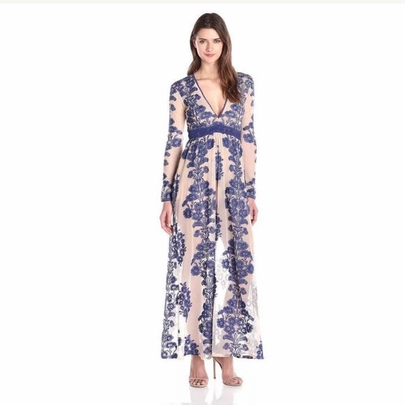 Pleated Maxi Dress With Sleeves Temecula Maxi Dress Blue Or Red Embroidery Lace On Sheer Long Sleeve Deep V Neck Boho Bohemian Beach Gown Available In Sizes Small Medium Large XL And Plus Sizes XXL 2X Or XXXL 3X