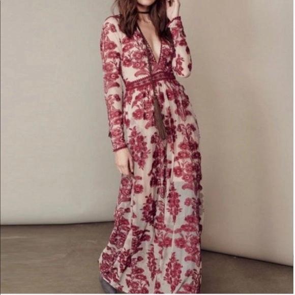 Temecula Maxi Dress Blue Or Red Embroidery Lace On Sheer Long Sleeve Deep V Neck Boho Bohemian Beach Gown Available In Sizes Small Medium Large XL And Plus Sizes XXL 2X Or XXXL 3X Satin Lace Trim Maxi Dress