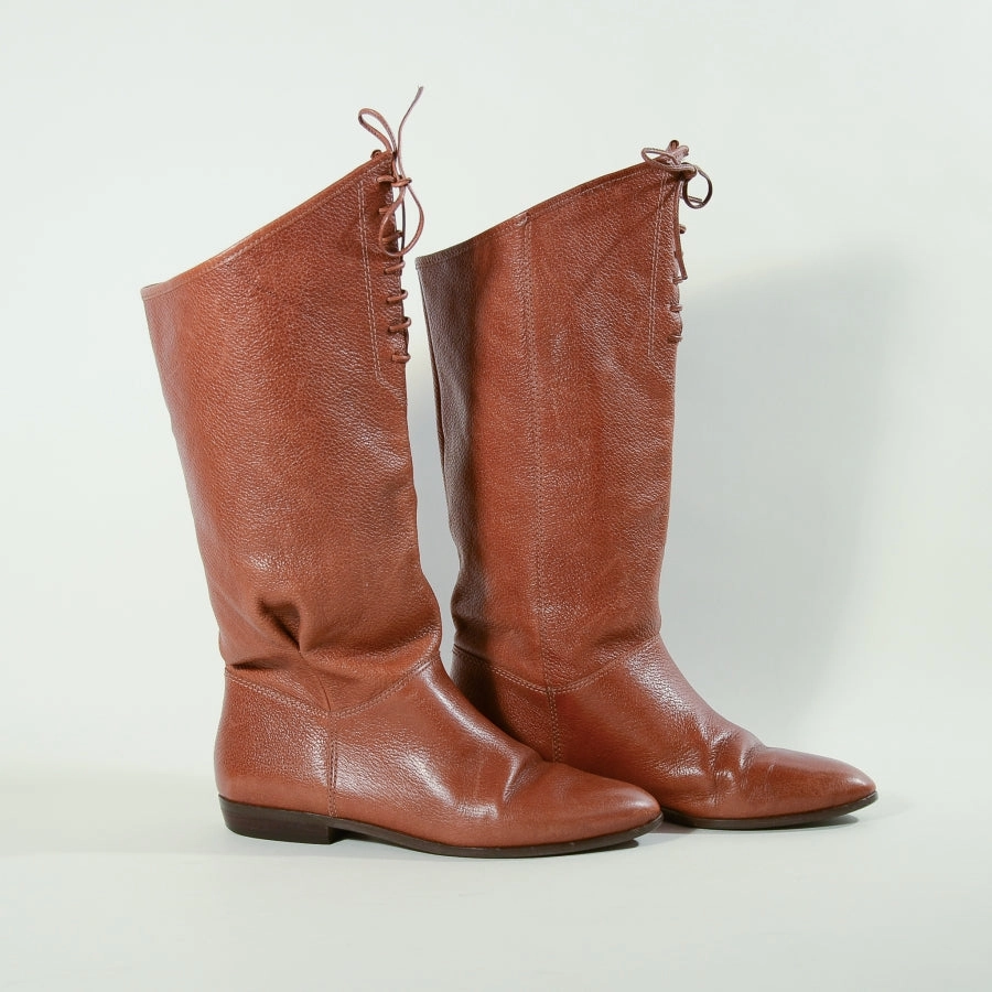 Vintage 80s Caramel Leather Lace Up Pull on Boots 9 West 6M Sand In My Boots Boots