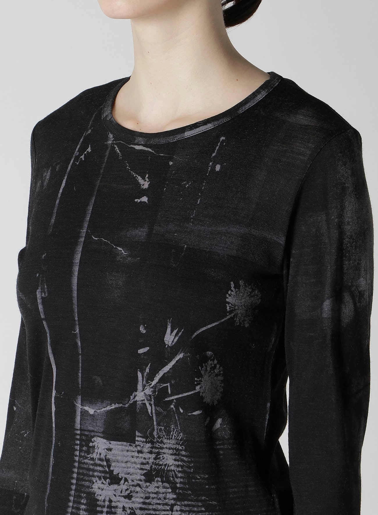 BLURRY FLOWER PRINTTED ROUND NECK LONG SLEEVE T Fur Hood Jackets