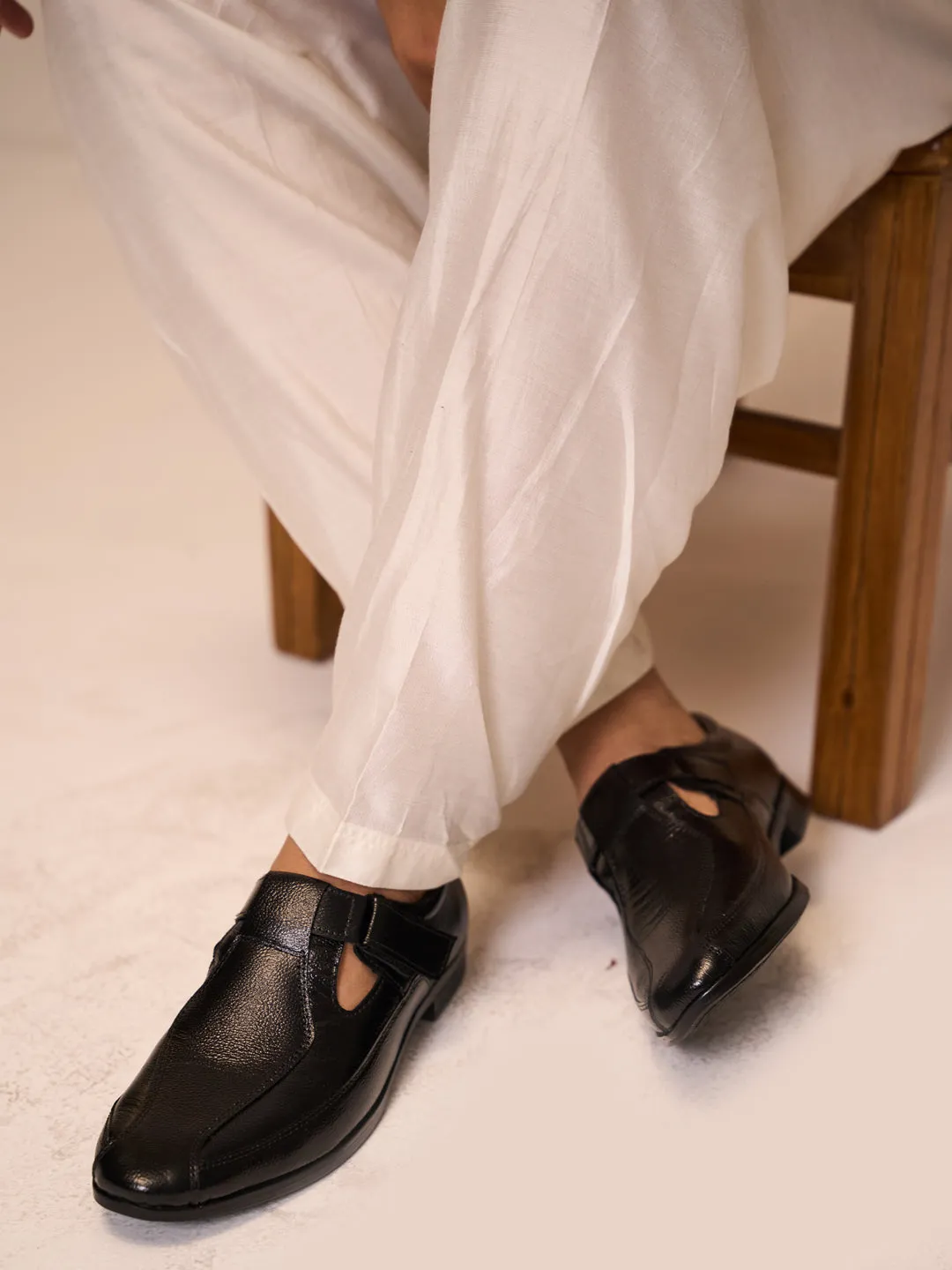 Sandals With Flower Men Black Genuine Leather Broad Feet Breathable Slip On Adjustable Strap Peshawari Shoe Style Sandals|Work Wear|Formal Office Wear