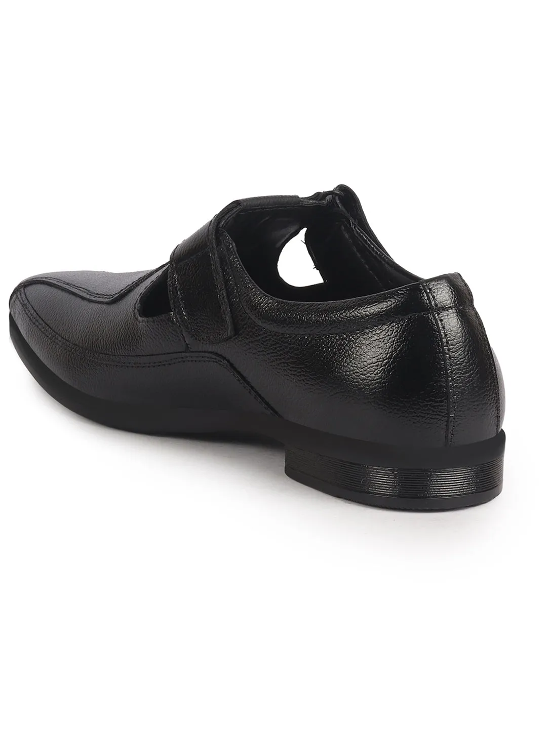 Men Black Genuine Leather Broad Feet Breathable Slip On Adjustable Strap Peshawari Shoe Style Sandals|Work Wear|Formal Office Wear Sandals Flat Strappy