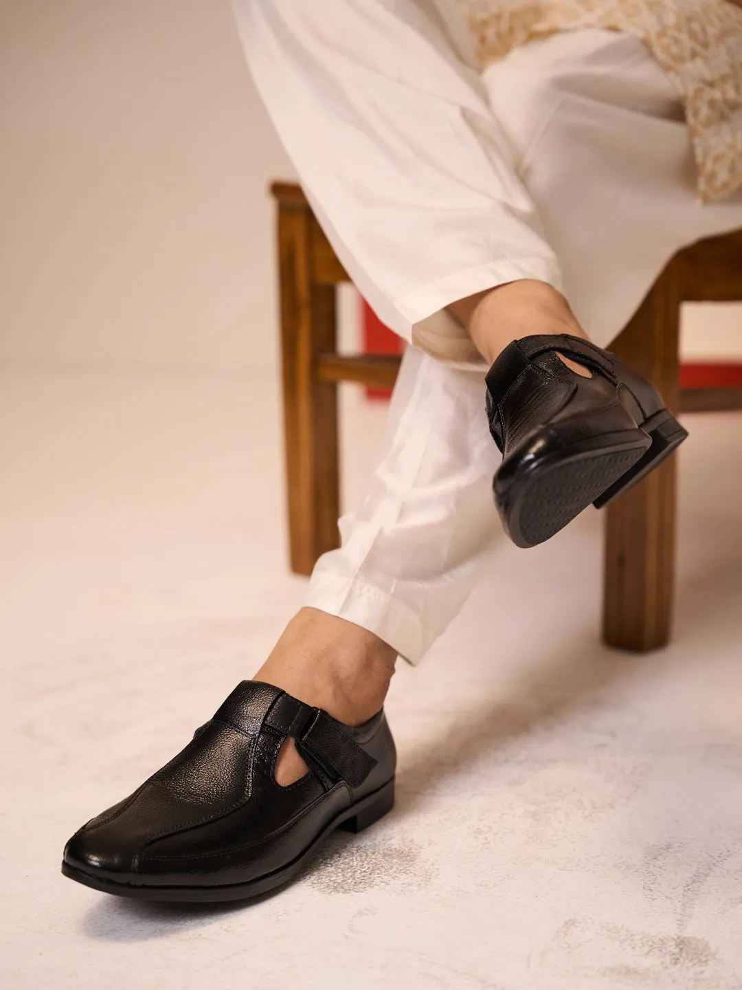 Thong Sandals Heels Men Black Genuine Leather Broad Feet Breathable Slip On Adjustable Strap Peshawari Shoe Style Sandals|Work Wear|Formal Office Wear