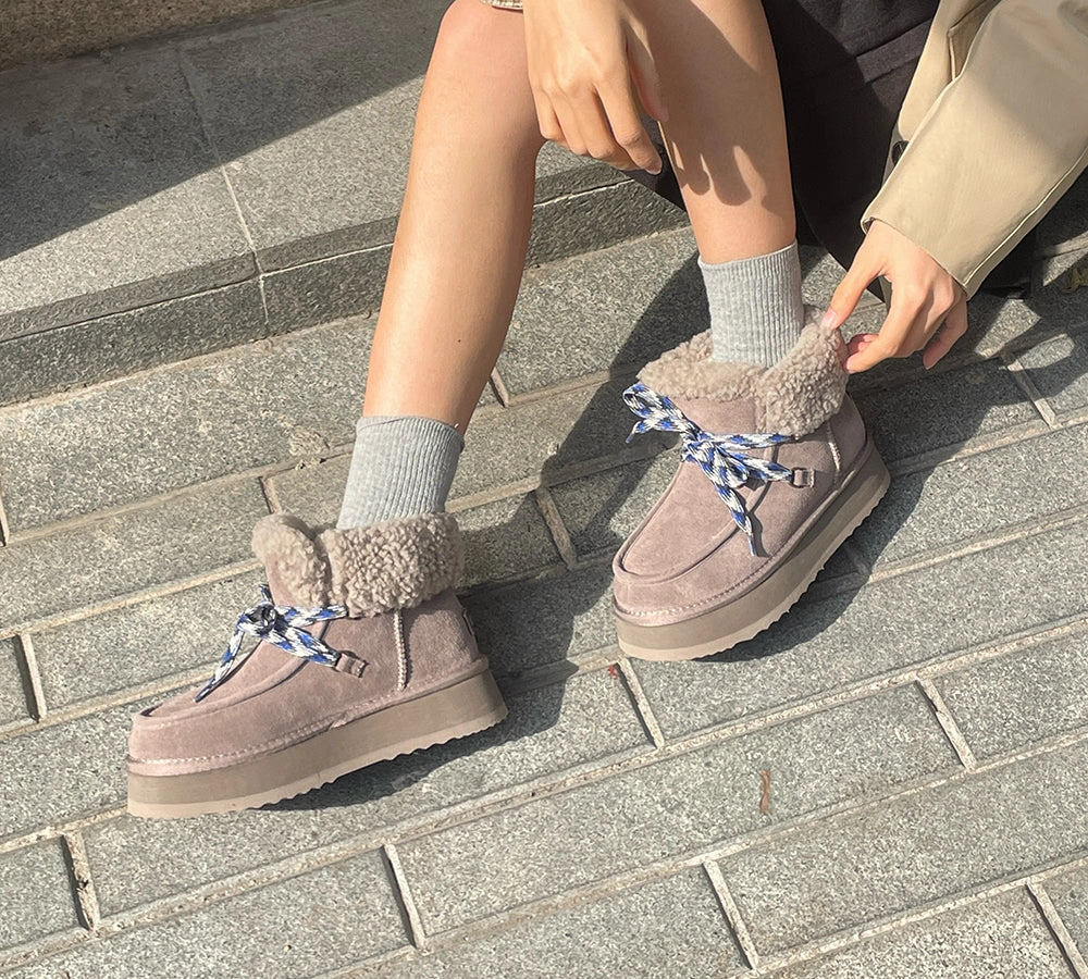 Franks Boots UGG EVERAU UGG Boots Women Sheepskin Wool Lace Up Ankle Platform Honour