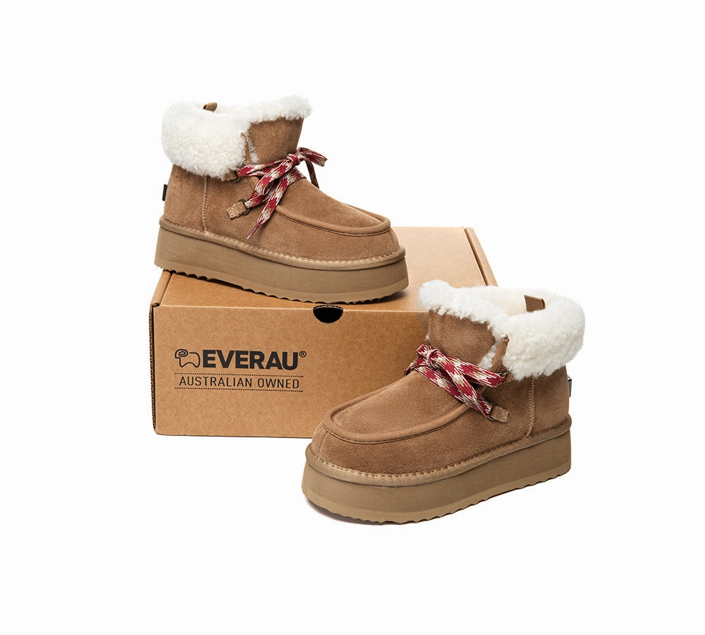 UGG EVERAU UGG Boots Women Sheepskin Wool Lace Up Ankle Platform Honour Top Sider Boots