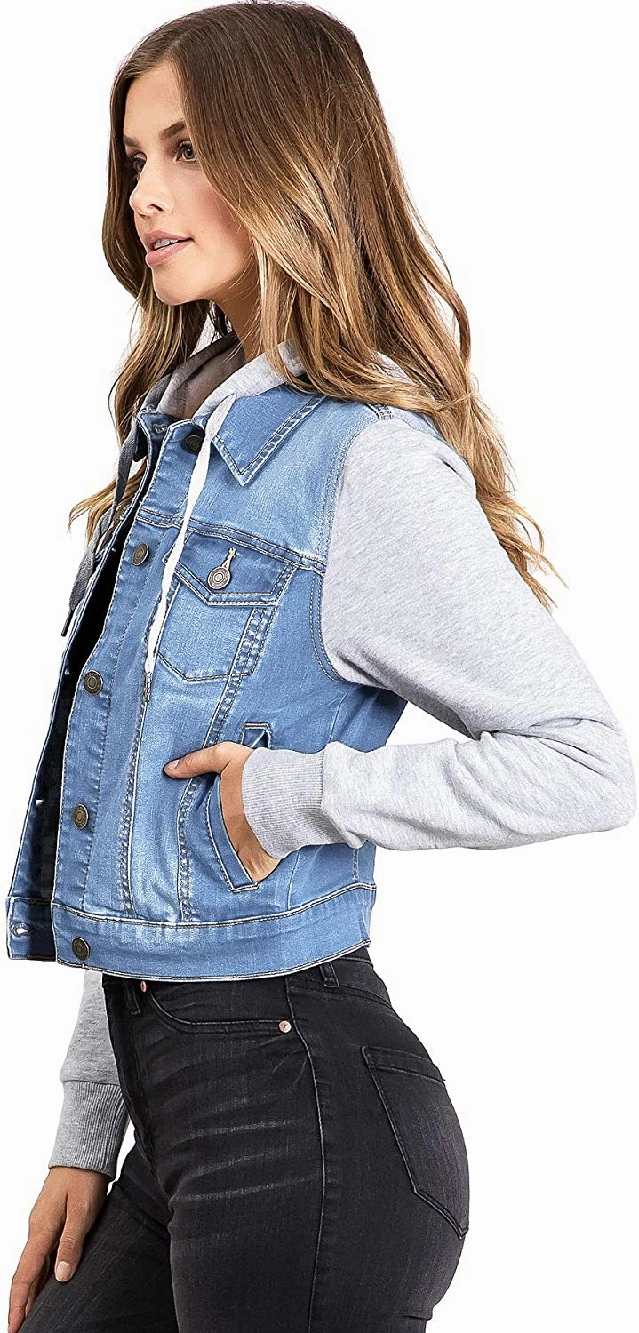 Wax Jeans Women's Fleece Sleeve and Hood Denim Jacket Twilight Zone Leather Jackets