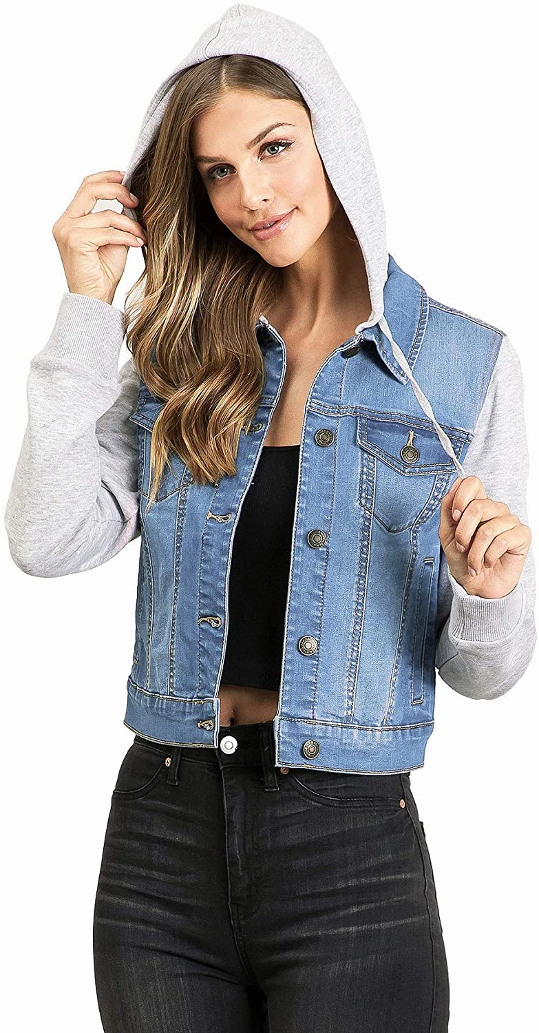 Three In One Jackets Wax Jeans Women's Fleece Sleeve and Hood Denim Jacket