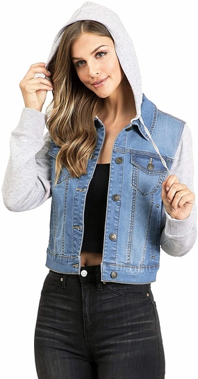 Jackets With Lining Wax Jeans Women's Fleece Sleeve and Hood Denim Jacket