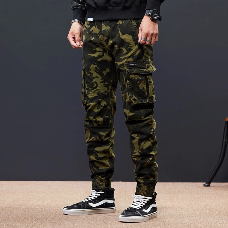 West Louis Streetwear Elastic Multi Pockets Camo Jogger Pants Big Man Cargo Pants