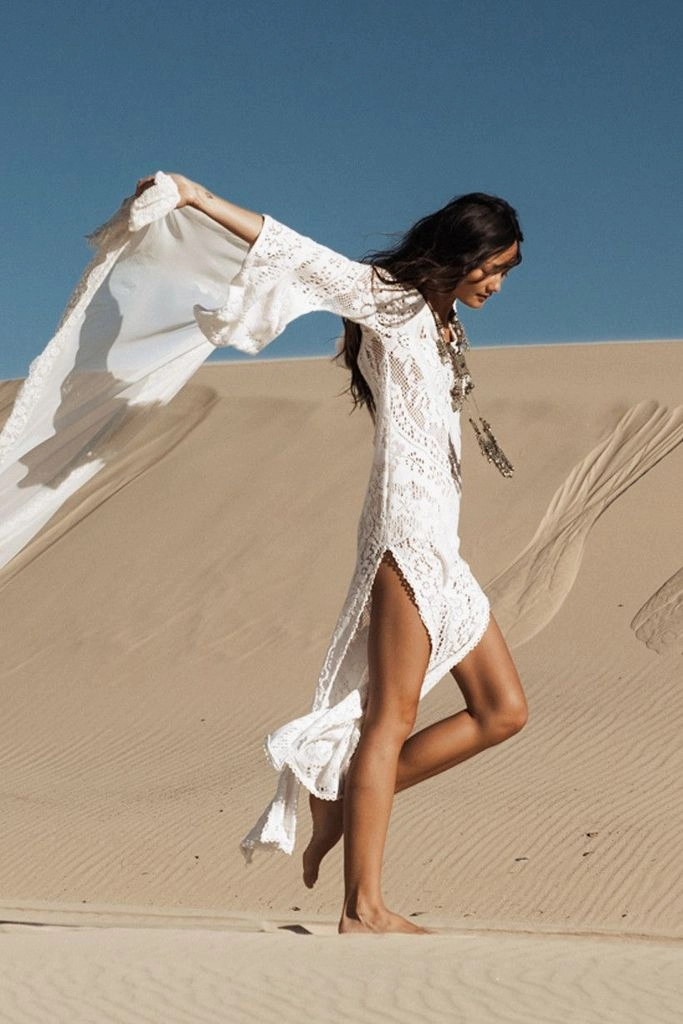 White Lace Bohemian Maxi Dress "Fleetwood" Plunging Low Back Bell Sleeves Daring See Through Gown Cast A Gypsy Spell On Him Sizes Small Medium Large Extra Large Or Plus Size XXL Tiered Maxi Dress Wedding Guest