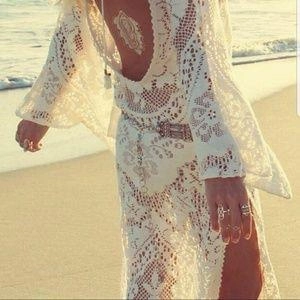 White Lace Bohemian Maxi Dress "Fleetwood" Plunging Low Back Bell Sleeves Daring See Through Gown Cast A Gypsy Spell On Him Sizes Small Medium Large Extra Large Or Plus Size XXL Maxi Dress With Leather Jacket