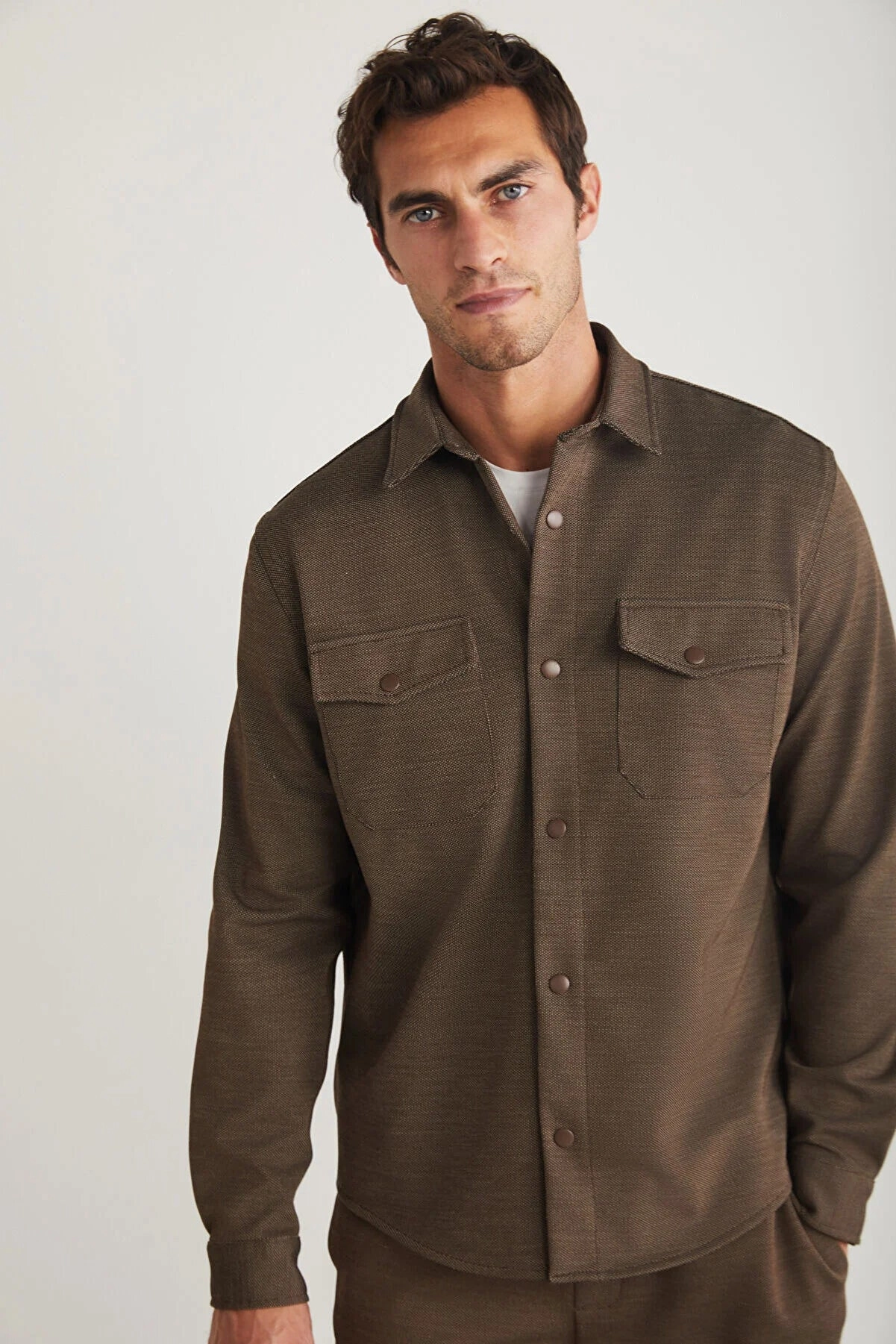 Grimelange Men's Brown Jones Special Piqu Look Thick Fabric Jacket Light Padded Jackets