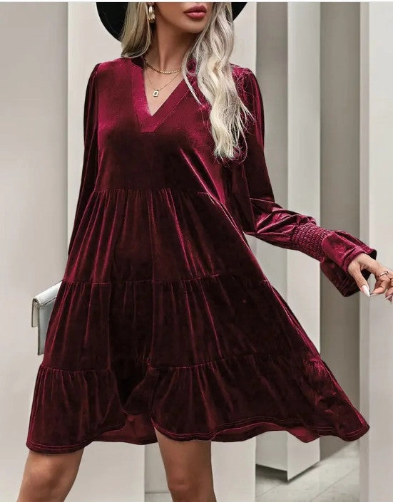 Satin Ruched Midi Dress Elegant Velvet Long Sleeve  Solid Color Dress