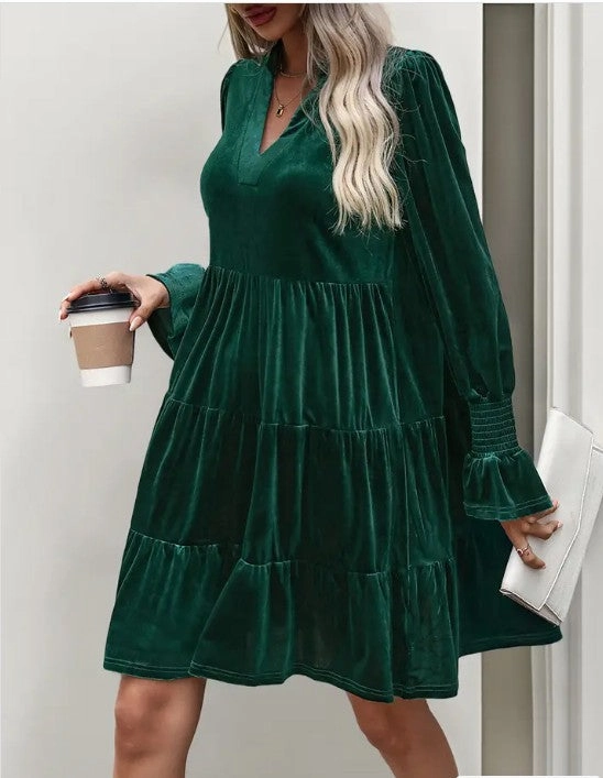 Big Bow Midi Dress Elegant Velvet Long Sleeve  Solid Color Dress
