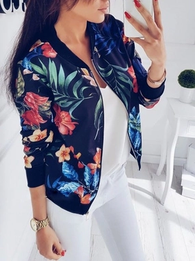 Women Coat Fashion Ladies Retro Floral Zipper Up Bomber Jacket Casual Coat Cos Wool Coats