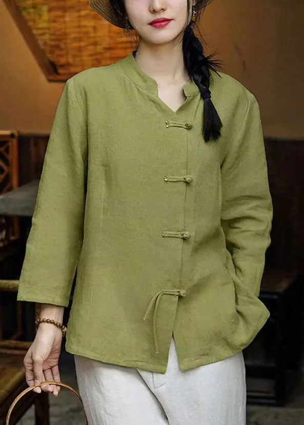 Nfl Winter Coats Women Green Stand Collar Button Linen Coats Long Sleeve CG1040