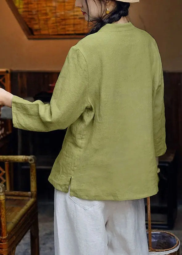 Women Green Stand Collar Button Linen Coats Long Sleeve CG1040 Coats Petite Size