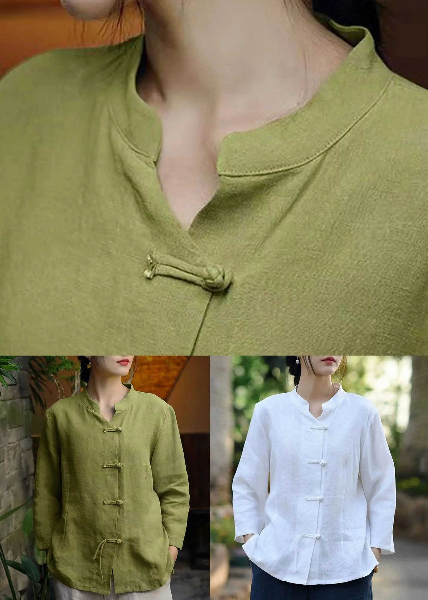 Women Green Stand Collar Button Linen Coats Long Sleeve CG1040 Plus Size Jackets And Coats