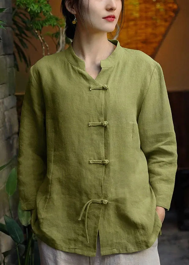 Infant Rain Coats Women Green Stand Collar Button Linen Coats Long Sleeve CG1040