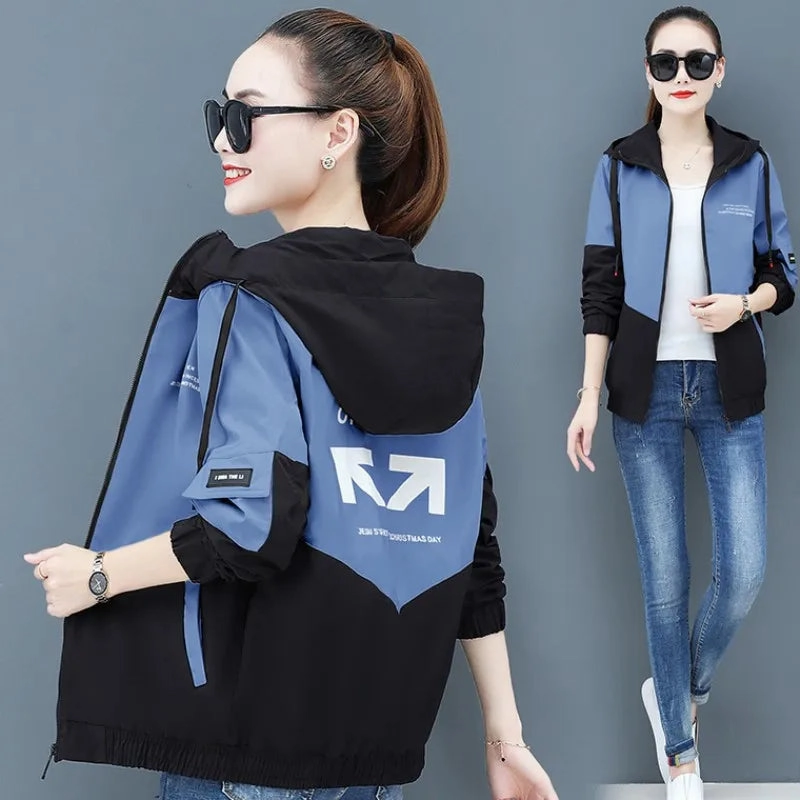 Women's Autumn Hooded Windbreaker Jackets Baseball Coach Jackets