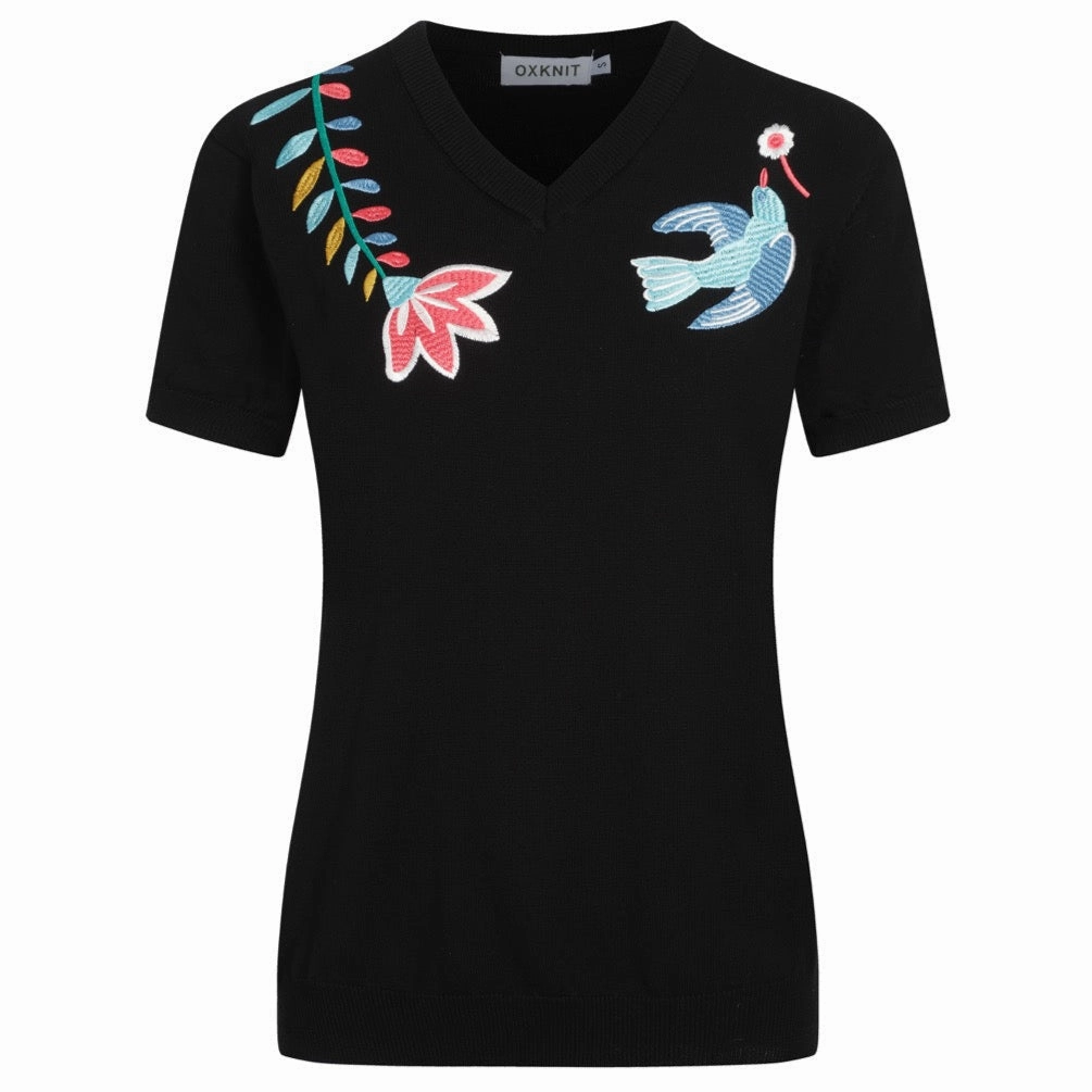 Women's black embroidered V-neck knitwear Original Knitwear