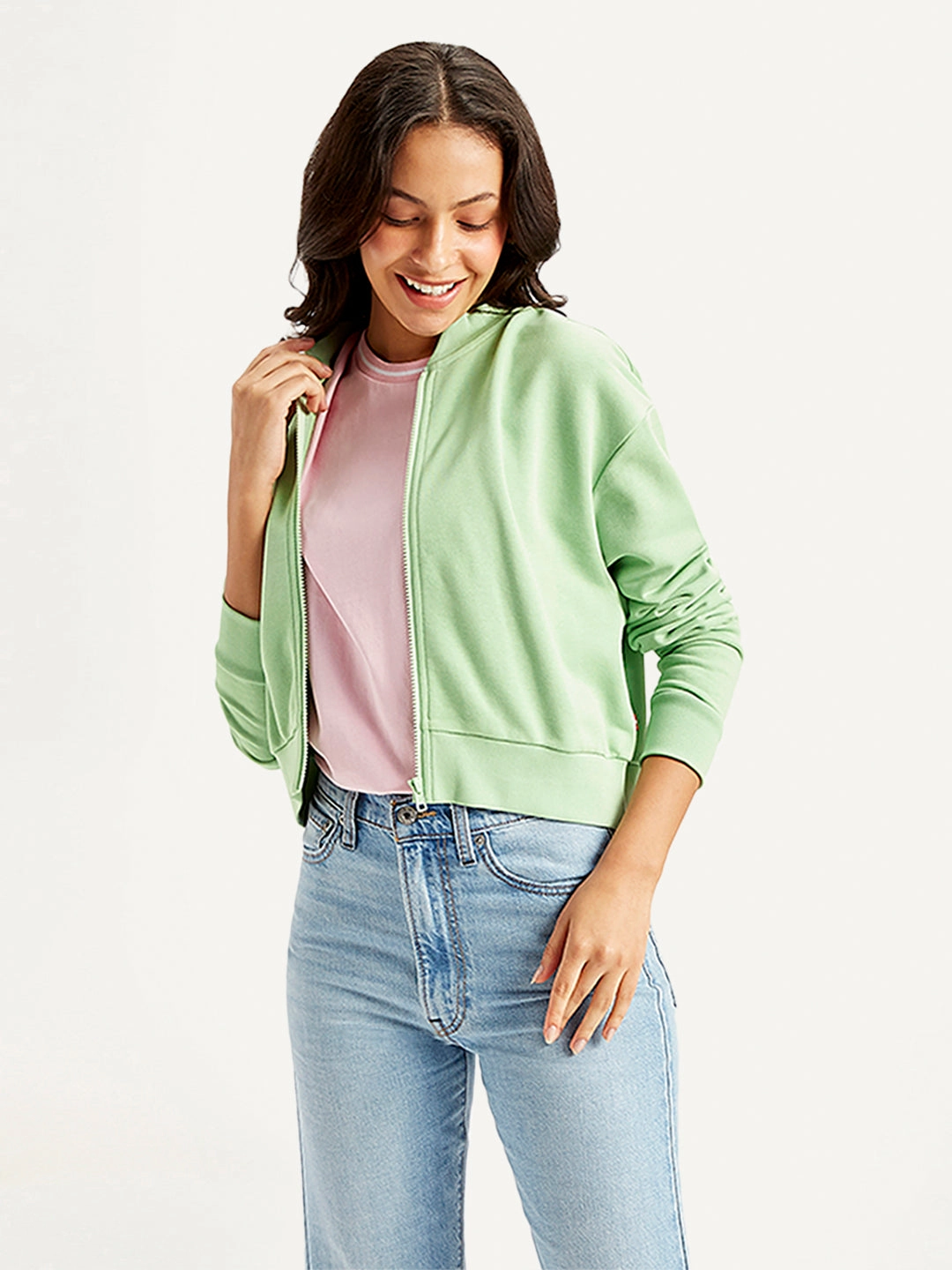 Women's Brand Logo Green Baseball Collar Neck Sweatshirt Dunner Sweatshirts