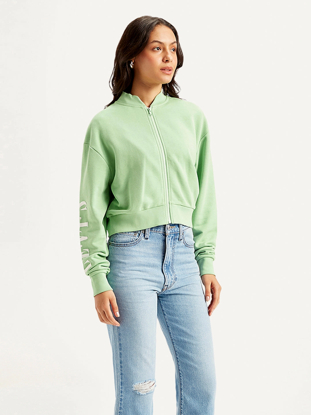 Women's Brand Logo Green Baseball Collar Neck Sweatshirt Cheap Personalized Sweatshirts