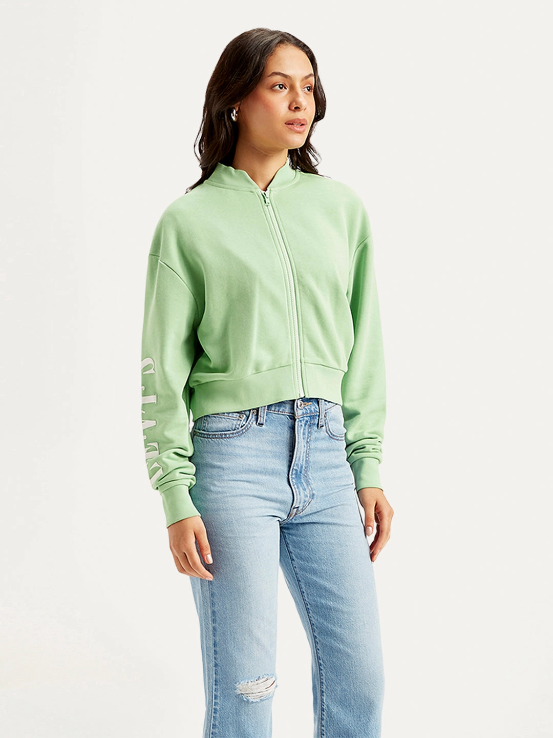 Women's Brand Logo Green Baseball Collar Neck Sweatshirt Boys Sweatshirts