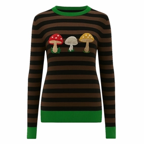 Viking Knitwear Women's brown striped mushroom embroidery knitwear