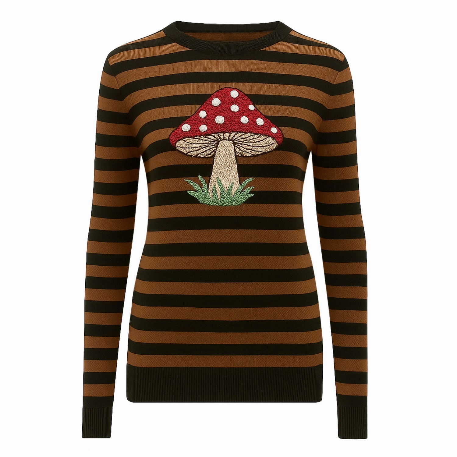 Women's Brown striped mushroom embroidery knitwear Croft House Knitwear