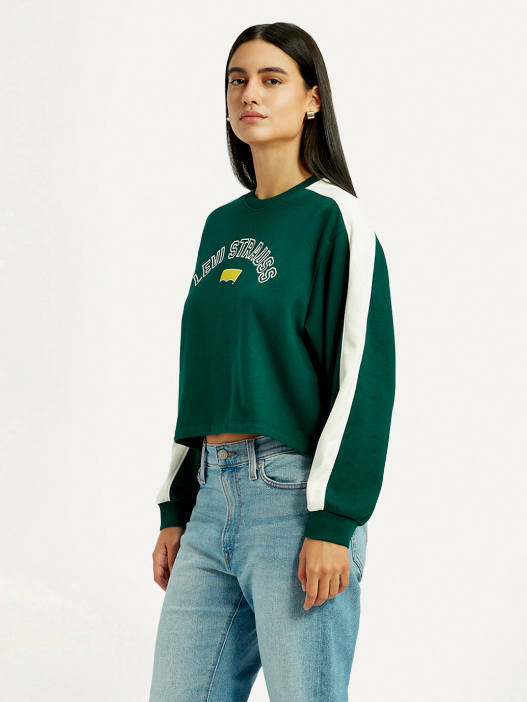 Cropped Half Zip Sweatshirts Women's Colorblock Dark Green Crew Neck Sweatshirt
