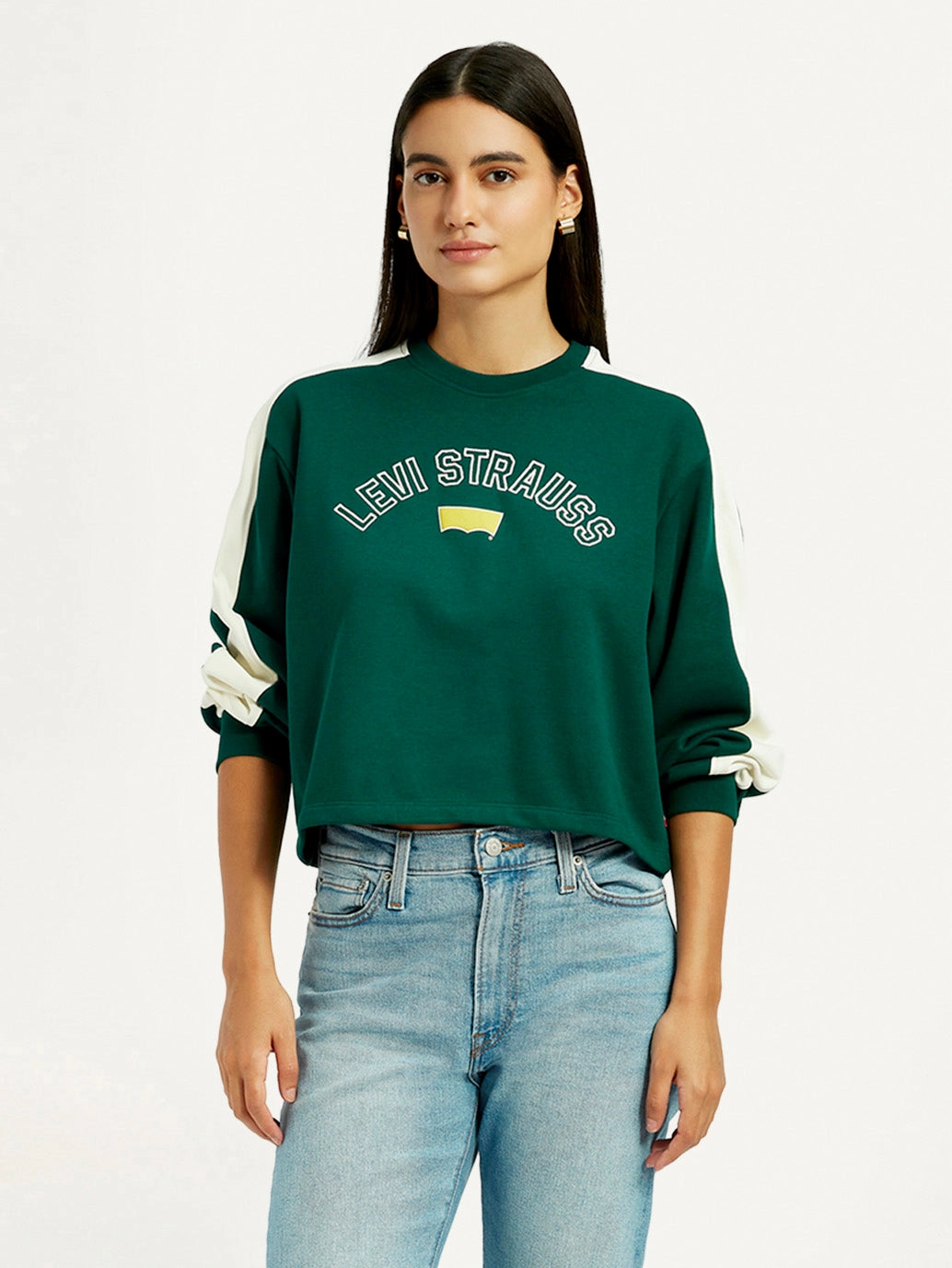 Women's Colorblock Dark Green Crew Neck Sweatshirt Open Bottom Sweatshirts