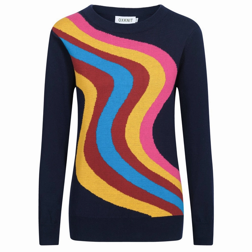 Women's dark blue wavy stripe knitwear Chenille Knitwear